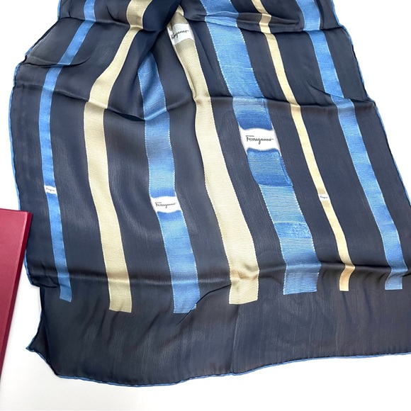 Salvatore Ferragamo Silk Scarf 60" X 16.5" Blue & Beige - Picture 8 of 10